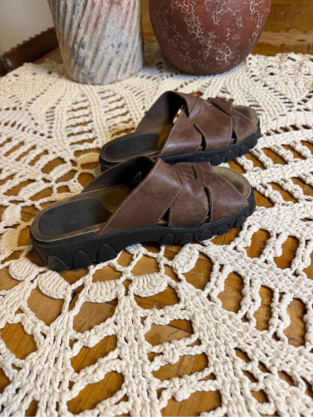 Vintage Riverstone Brown Leather Fisherman Slide Sandals clogs 8M Y2K 90 - Picture 2 of 7